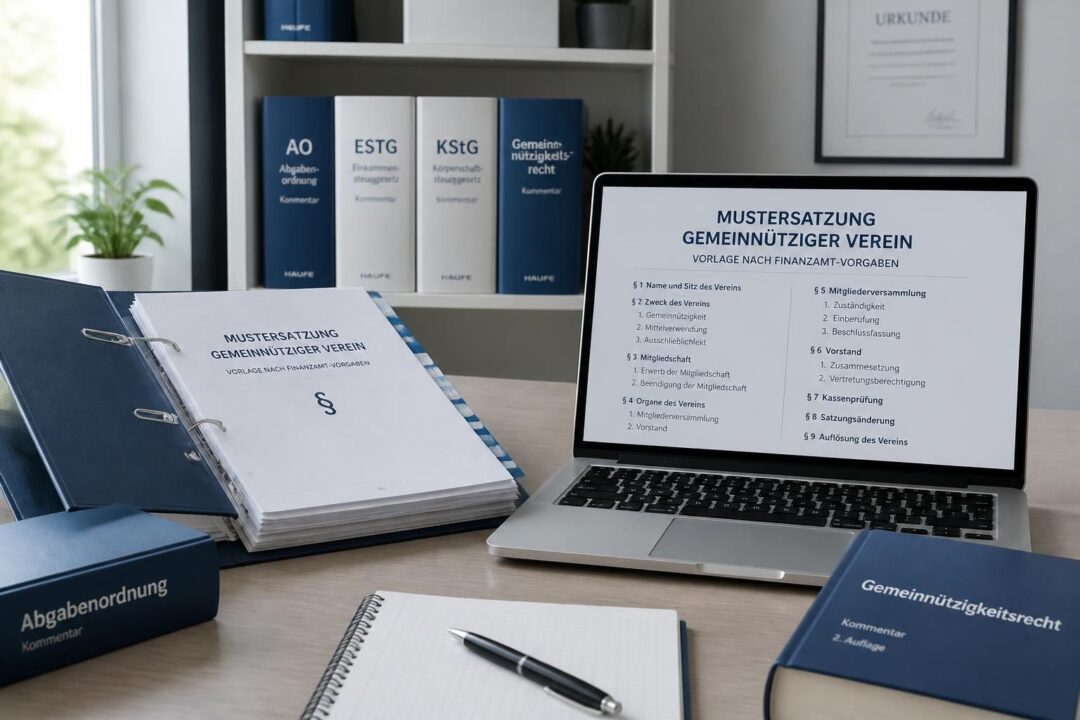 vorlage für eine mustersatzung eines gemeinnützigen vereins, erstellt nach den vorgaben des finanzamts, um die anerkennung der gemeinnützigkeit zu erleichtern.